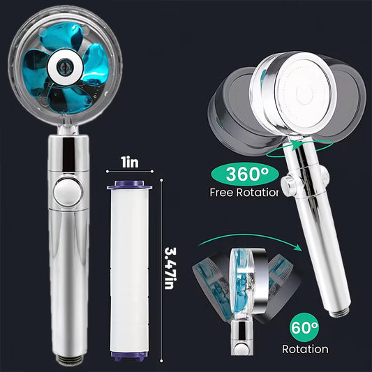 High Pressure Shower Head with Rotating Twin Turbo Propeller Fan 